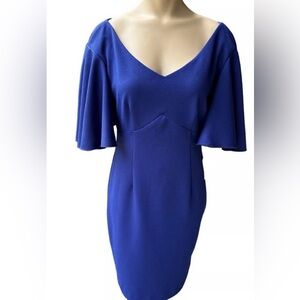 Trina Turk Blue Sheath Dress with Scoop Neck and Flutter Sleeves